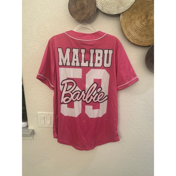 Barbie Pink Baseball Jersey Button Down Short Sleeve Graphic Top size Large - Picture 4 of 4